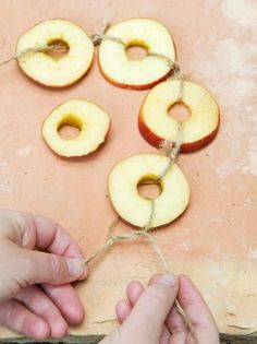 someone is stringing up apples with twine