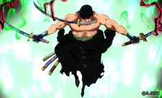 an anime character with two swords in his hands and one hand on his hip, as if he is flying through the air