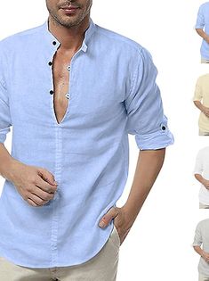 Hombre Camisa Abotonar la camisa Camisa casual Negro Blanco Rosa Azul Marino Azul Manga Larga Plano Cuello Barco Calle Vacaciones Abotonar Ropa Elegante Contemporáneo moderno Casual 2023 - COL $82045 Bohemian Shirt With Button Closure For Summer, Bohemian Summer Shirt With Button Closure, Summer Shirt With Stand Collar And Buttons, Streetwear Spring, Beach Office, Blouse Man, Mens Henley, Tops Blouse, Men Fits