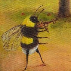 a painting of a bee holding a stick in its mouth and looking at the ground