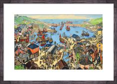 a painting of a city with lots of boats in the water and people walking around