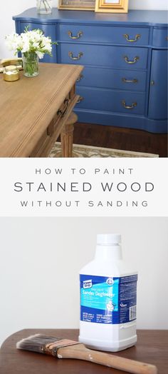 an old dresser is painted blue and has white flowers on it with text overlay that reads how to paint stained wood without sanding