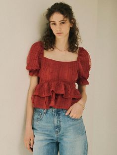 This is a casual and feminine top by ouel that is made out of high quality and sturdy material. With distinctive mood of the design and comfortable wear, you can style it for your casual daily outfit.- Slim strap detail on the neck- Unique ruffled texture of the fabric- Casual and feminine trendy mood Feminine Off-shoulder Top With Ruffles For Day Out, Red Feminine Ruffled Tops, Casual Cropped Off-shoulder Top With Ruffles, Summer Off-shoulder Peasant Top With Ruffles, Puff Blouse, Chic Off-shoulder Ruffled Peasant Top, Feminine Top, Red Blouses, Daily Outfits