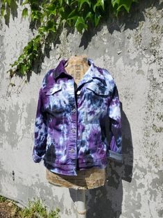 Purple & Black Tie Dye Denim Jacket Plus Size Lightweight Boho Jacket, Hand-Dyed, Festival Fashion A nice summer jacket in a soft cotton-rayon-poly mix with a good stretch, front buttoning, chest, side & inner pockets. Color Combo Name: MIDNIGHT purples-black ***Custom color requests are welcome! Purple Cotton Outerwear With Pockets, Summer Outerwear With Relaxed Fit And Washed Detail, Fall Cotton Denim Jacket Pre-washed, Pre-washed Cotton Denim Jacket For Fall, Purple Relaxed Fit Cotton Outerwear, Fall Pre-washed Cotton Denim Jacket, Spring Outerwear: Pre-washed Relaxed Fit, Spring Outerwear Relaxed Fit Pre-washed, Spring Relaxed Fit Pre-washed Outerwear