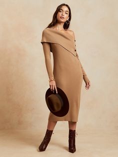 Off-the-Shoulder Sweater Dress | Banana Republic Camel Sweater Dress, Mock Neck Sweater Dress, Sweater Gift, Knit Stitch, Cute Sweaters, Mock Neck Sweater, Shoulder Sweater, Jumpsuit Dress, Banana Republic