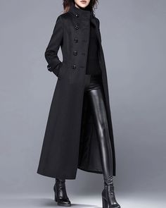 * A high-end manufacturing long wool coat, very cool. * With a same color belt, you can tie it what way you like, two side pockets. * Material: Outer-65% wool, 35% polyester; lining-100% polyester * Washing instructions: Dry Clean Only * Size: True to US size, US 0-US 20 are available, you can let us know your usual size and height in your order. * Shipping: Free shipping Processing time : 5-7 Business days Delivery time : 7-20 Business days Tracking number available If you need rush order or ex High Collar Coat, Long Quilted Coat, Wool Long Coat, Plus Size Coat, Wool Cape Coat, Mode Mantel, Coat Plus Size, Long Black Coat, Long Overcoat