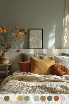 a bed with lots of pillows on top of it next to a vase filled with flowers