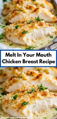 chicken breast in a pan with herbs on top and the words melt in your mouth chicken breast recipe