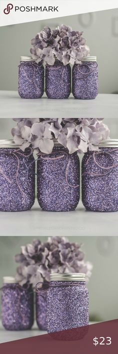 purple glitter jars with flowers in them are on display for $ 2 25 at poshmark