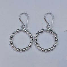 Beaded Hoop Dangle Earrings - Krystyna's Silver Nickel Free Sterling Silver Beaded Earrings, Nickel-free Round Sterling Silver Beaded Earrings, Everyday Hypoallergenic Silver Beaded Earrings, Nickel-free Silver Beaded Hoop Earrings, Silver Dangle Beaded Earrings For Everyday, Sterling Silver Beaded Earrings, Hypoallergenic Sterling Silver Hoop Earrings With Round Beads, Hypoallergenic Sterling Silver Drop Beaded Earrings, Hypoallergenic Sterling Silver Beaded Earrings