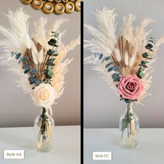 two vases with flowers and feathers in them