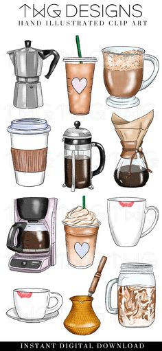 coffee cups and mugs are shown in this digital clipart