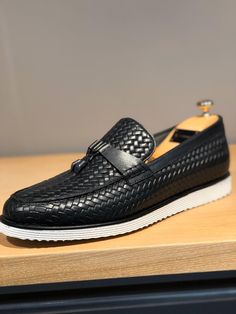 Bojoni Knitted Leather With Tassels Shoes Black-baagr.myshopify.com-shoes2-BOJONI Versace Watches Women, King Shoes, Gents Shoes, Office Suits, Mens Loafers Shoes, Tassel Shoes, Gentleman Shoes, Woven Shoes, Code Black