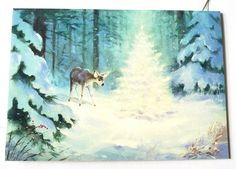 a painting of a deer standing in the snow near a christmas tree with lights on it