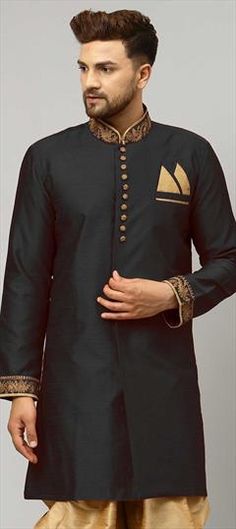 Black and Grey color Kurta in Art Silk fabric with Embroidered work Traditional Black Cotton Kurta, Black Cotton Kurta With Traditional Drape, Black Traditional Wear With Long Sleeves And Patterns, Black Traditional Wear With Printed Motifs, Formal Embroidered Black Kurta, Ceremonial Black Kurta With Zari Work, Black Traditional Wear With Printed Motifs For Festivals, Black Resham Embroidery Fabric For Formal Wear, Formal Black Resham Embroidered Fabric