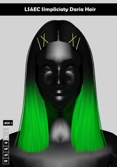 a woman with long green hair and black headgear is shown in this image