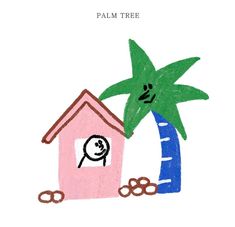 a child's drawing of a palm tree next to a pink house