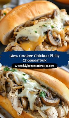 two chicken philly sandwiches with cheese and mushrooms on them, sitting on a plate