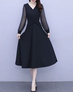 * A high-end midi dress with wide hem, very cool. * Made of quality cotton blends fabric, very smooth and comfortable. * With transparent long sleeves, very beautiful. * Material: 50% cotton, 50% polyester * Size: True to US size, US 0-US 16 are available, you can let us know your usual size and height in your order. * Shipping: Free shipping Processing time : 5-7 Business days Delivery time : 7-20 Business days Tracking number available If you need rush order or expedited shipping, please let u Elegant Tea Length Fall Dress, Formal Long Sleeve V-neck Dress For Fall, Black Midi Length Long Sleeve Dress For Spring, Formal Fit And Flare Midi Dress With Long Sleeves, Elegant Black Midi Length Long Sleeve Dress, Black Lace Midi Dress For Fall, Formal Long Sleeve Fit And Flare Midi Dress, Chic Black Tea Length Midi Dress, Elegant Black Long Sleeve Midi Dress