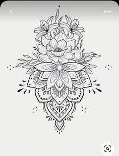 a black and white drawing of a flower on a white background with an intricate design