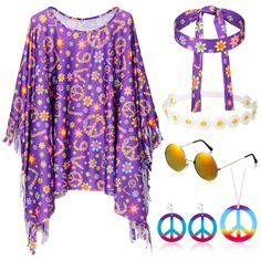 a purple outfit with flowers and peace signs on the front, sunglasses and headband