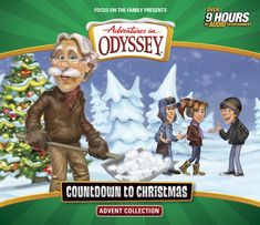 an animated christmas card game with the characters in front of a christmas tree and snow covered trees