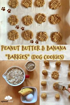 peanut butter and banana cookies are being made with dog biscuits, oatmeal and milk