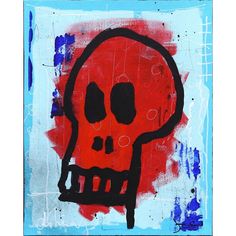 a red and blue painting with a skull on it