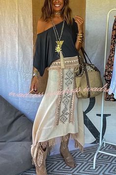 Ethnic Print, Beach Chic, A Line Skirt, A Line Skirts, Ankle Length, Linen Blend, Tassels, Elastic Waist, A Line