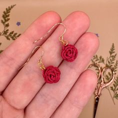 Handmade micro crochet rose earrings. Roses are one of the June birth flowers (along with honeysuckle), making these earrings a perfect gift for summer birthdays 🥀 each pair crafted by hand with top quality silver or gold hooks, for that perfect romantic gift (whether for a loved one, or yourself!) 🌹 I make these earrings to order by hand with waxed cotton thread and a 0.4mm crochet hook, finished with high quality earring hooks in a metal of your choice 💛 All earrings are available with eith Gold Rose Earrings, Micro Crochet, Rose Crochet, Gold Hooks, Romantic Jewellery, Crochet Rose, Rose Jewelry, Gold Filled Earrings, Knitting Ideas