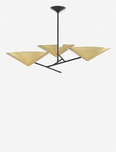 a modern light fixture with three triangular shapes hanging from it's center, against a white background