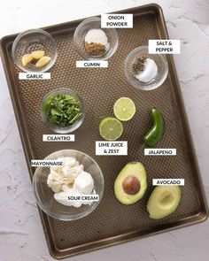 the ingredients to make an avocado salad on a tray