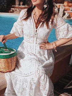 Women's White Dress Midi Dress with Sleeve Date Vacation Elegant Streetwear V Neck Half Sleeve White Pink Light Blue Color 2024 - $34.99 Sundress Dress, Womens Sheath Dress, Boho Midi Dress, Dress Sleeve Styles, Lace Dress With Sleeves, Half Sleeve Dresses, Lace Midi, Lace Midi Dress, Fashion Colours