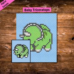 an image of a baby triceros in pixel art on a wooden background with text that reads, baby triceatos