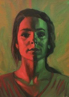 an oil painting of a woman's face with green and red colors in the background