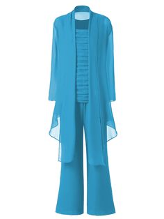 3 Pieces Chiffon Mother of Bride Dress Pant Suits | Cicinia Spring Evening Chiffon Sets, Fitted Chiffon Long Sleeve Sets, Summer Formal Chiffon Sets, Fitted Chiffon Set With Long Sleeves, Summer Blue Chiffon Sets, Blue Fitted Chiffon Sets, Suits Details, Womens Suit Vest, Mother Of Bride Dress