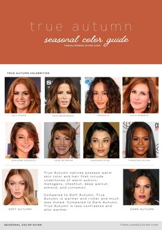 True Autumn Colour Palette, True Autumn Jewelry, Warm Autumn Hair Color Ideas, True Autumn Celebrities, True Autumn Hair Color, Autumn Seasonal Color Palette, Warm Autumn Color Palette, Autumn True, Season Analysis