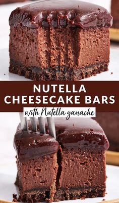 two pieces of nutella cheesecake bars with chocolate ganache