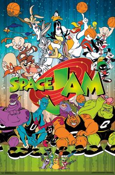 an advertisement for space jam featuring cartoon characters and basketballs on a green background with the word