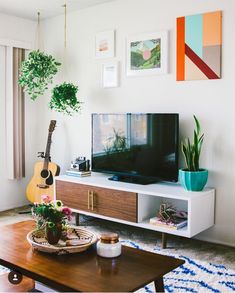 a living room with an entertainment center, guitar and potted plants on the coffee table