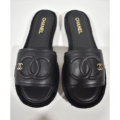 Chanel 23c Black Lambskin Leather Cc Logo Slide Sandal Slip Espadrille Flat 40 ********** Chanel ********** Brand: Chanel Size: 40 (Know Your Chanel Size) Name: Mules Color: Black Style: 23c Style#: G39778 X56890 94305 Material: Lambskin Open Front Toe Cc Light Gold Metal Logo Cc Embossed Lambskin Leather Large Logo Black Lambskin Leather Material Slide Sandal Style Slip On Espadrille Sole Rubber Outsole Sold Out Worldwide, Impossible To Find Brand New In Box, Comes With Original Box And Dust Ba Chanel Leather Slides, Luxury Platform Slip-on Sandals, Luxury Slip-on Platform Sandals, Luxury Flat Platform Sandals, Luxury Synthetic Platform Sandals, Luxury Sandals With Cushioned Footbed, Luxury Synthetic Sandals With Cushioned Footbed, Luxury Slip-on Sandals With Textured Sole, Designer Black Sandals With Textured Sole