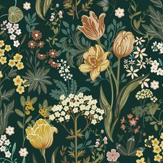 a floral wallpaper with many different flowers and leaves on the green background, all in various colors