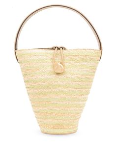 beige straw leather trim horizontal stripe pattern gold-tone hardware hook and loop fastening single top handle main compartment internal zip-fastening pocket twill lining Chanel 2, Cult Gaia, Iconic Bags, Demi Fine Jewelry, Summer Beach Wear, Fine Earrings, Ballet Flat Shoes, Pump Sandals, Hook And Loop