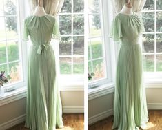 two pictures of a woman's green dress in front of a window with flowers