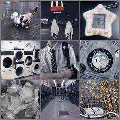 a collage of pictures with different things in them including clothes, laundry and dog