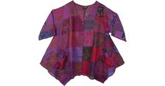 XXL Boho Tunic Top with Pockets Purple Cotton Patchwork in Tunic-Shirt - This is an amazing boho, free-flowing, easy wear summer vacation top for XXL women. Features: Patchwork, XL-Plus, Handkerchief, Pocket, Vacation, Beach, Floral, Printed, Bohemian, Handmade. Bohemian Patchwork Blouse For The Beach, Bohemian Patchwork Blouse For Vacation, Bohemian Multicolor Relaxed Fit Blouse, Bohemian Short Sleeve Patchwork Blouse, Relaxed Fit Multicolor Bohemian Blouse, Patchwork Short Sleeve Top For Vacation, Short Sleeve Patchwork Top For Vacation, Beach Patchwork Tops With Short Sleeves, Patchwork Short Sleeve Tops For Beach