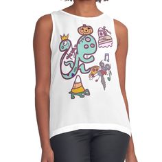 Women's sleeveless tank with vivid edge-to-edge sublimation print on front. Spliced materials for comfort. Front panel made from silky chiffon and solid color black or white jersey back. Sizes available XS- 2XL. Drawn on iPad Pro my twin daughters wanted a drawing Twin Daughters, Halloween Festival, White Jersey, A Drawing, Sleeveless Tank, Ipad Pro, Sublimation Printing, Sleeveless Top, Ipad