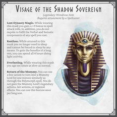 an ancient egyptian mask with the words,'visage of the shadow sovereign '