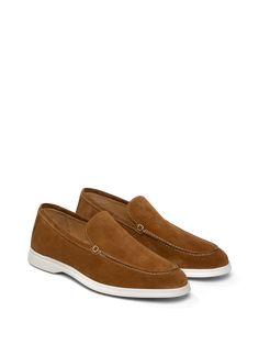 An ultra-soft kid suede upper and durable rubber sole come together for the ultimate hand-stitched loafer. With a sole that contrasts in color, the style pairs equally well with a pair of jeans as it does a suit—all year long. Classic Suede Slip-ons With Stitched Sole, Suede Low-top Loafers For Business Casual, Suede Slip-on Dress Shoes With Stitched Sole, Low-top Suede Moccasins For Business, Suede Low-top Moccasins For Business, Business Casual Suede Slip-ons With Textured Sole, Suede Plain Toe Boat Shoes For Business, Suede Boat Shoes With Plain Toe For Business, Business Suede Boat Shoes With Plain Toe