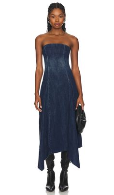 Find EB DENIM Eliana Dress In Blue on Editorialist. EB Denim Eliana Dress in Blue. - size M (also in L, XS) EB Denim Eliana Dress in Blue. - size M (also in L, XS) 100% cotton. Made in USA. Machine wash. Unlined. Back zipper closure. Boned bodice. Rigid denim with raw-cut hem. Neckline to hem measures approx 46 in length. EBDR-WD10. W8207ELIDR. EB Denim founder Elena Bonvicini discovered a love for thrifting while spending time in the Midwest with her vintage-loving grandmother. Taking notice of the surplus of men's jeans and lack of women's, Elena began to buy men's Levi's and upcycle them into unique fits for women. Elena started selling these productions out of her high school locker, and thus EB Denim was born. Since then, the brand has evolved beyond denim basics to include dresses an Denim Bridesmaid Dresses, Fits For Women, School Locker, Plisse Dress, Godet Skirt, Ladies Day Dresses, Denim Maxi Dress, Boned Bodice, Denim Midi Dress